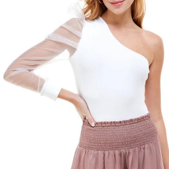 TCEC One Shoulder White RIbbed Bodysuit - Picture 1 of 3
